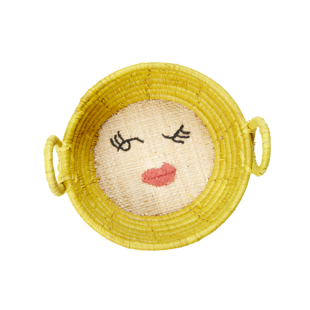 Mini Round Raffia Basket Embroidered Words  Rice DK